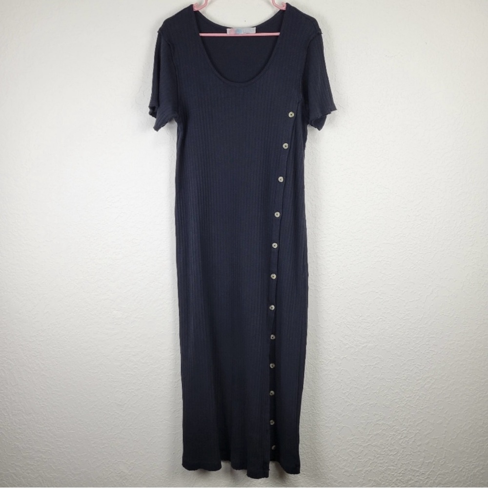 Free People Beach Sweater Style Ribbed Short Sleeve Button Maxi Dress Size Large